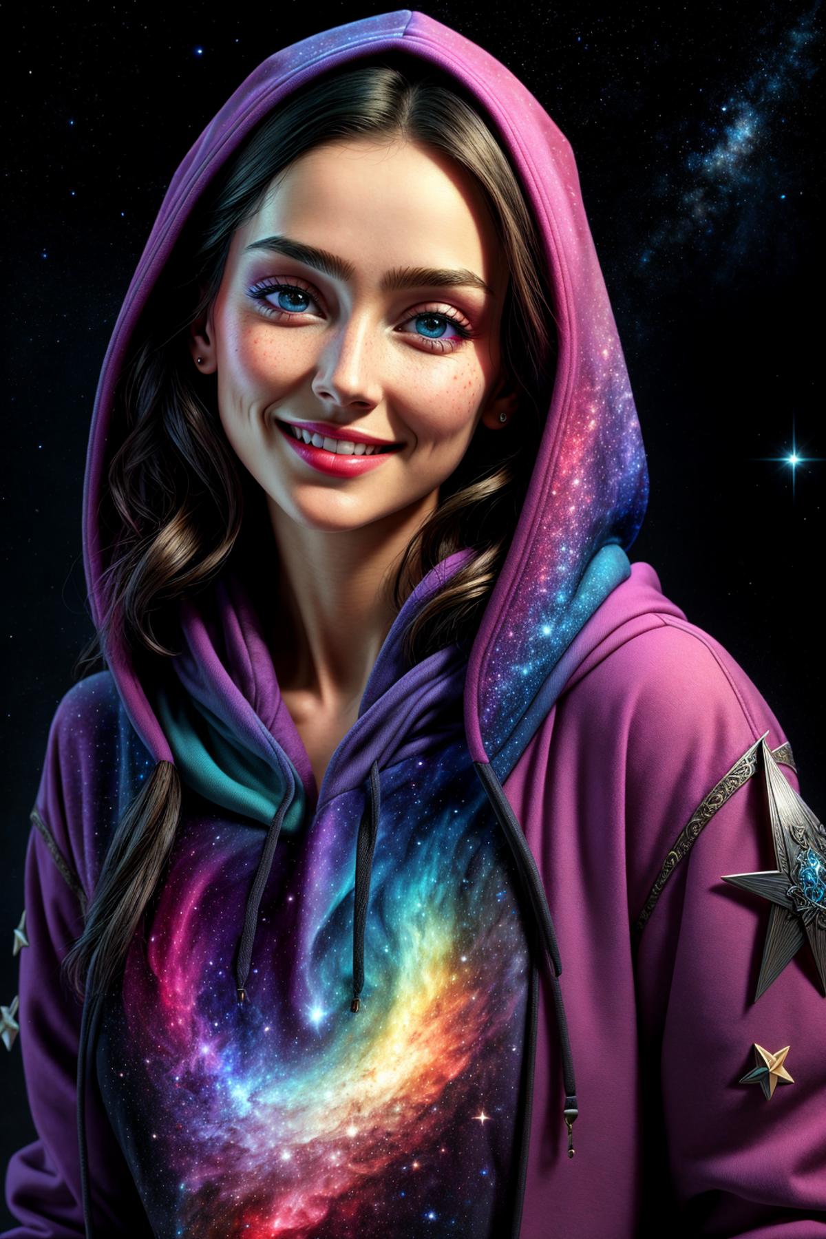 ((Masterpiece, best quality,edgQuality)),smiling,excited,blush,
edgFD, a hoodie with a lot of stars on it,cosmic hoodie, w...